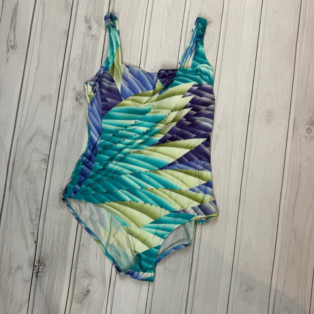 Harmony One Piece Swimsuit Small Geometric Rhinestone Blue Green Retro